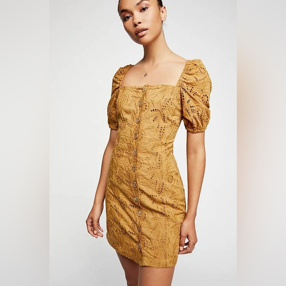 Free People Mini Dress Womens Brown Eyelet Cotton Puff Sleeve Boho 70s Size 6 - Picture 2 of 8